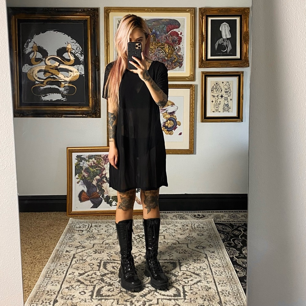 - Black mesh fishnet sheer t-shirt dress beach cover up small